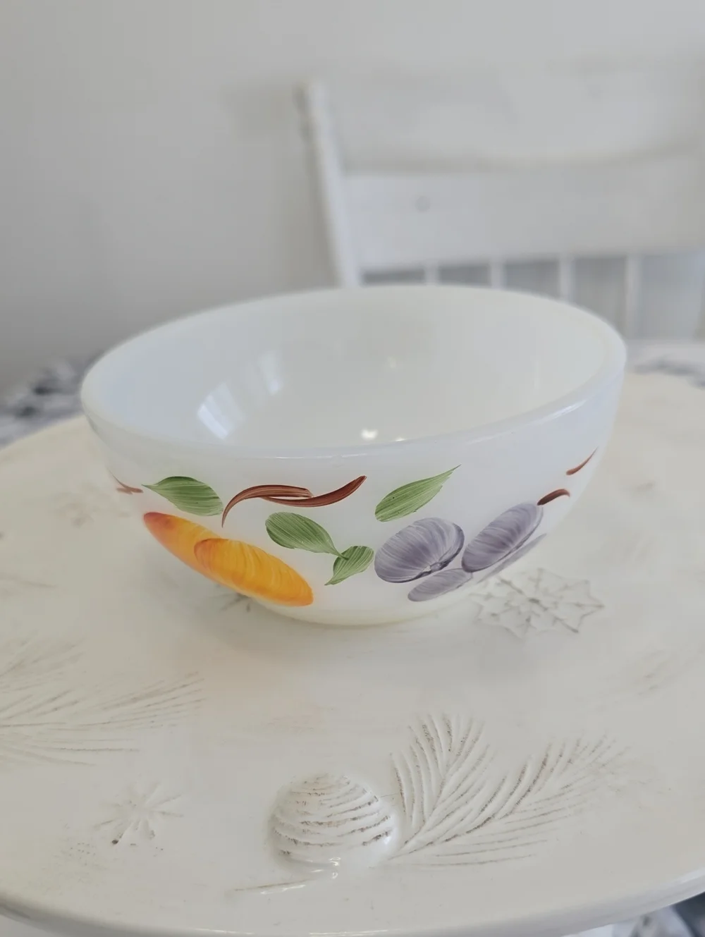 Vintage Fire King Gay Fad Fruit  Ovenware White Milk Glass Bowl Almost 5